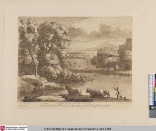 [Landschaft mit einer Herde, die einen Fluss passiert; im Mittelgrunde ein Wasserfall.; A Landscape, with Cattle passing a Ford.]