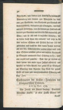 Confirmation der Kessler-Freyheiten des Königseckischen Destricts ...