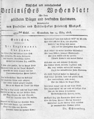 480stes Stück, Sonnabend den 14. März 1818