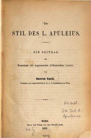 Der Stil des L. Apuleius : ein Beitrag zur Kenntniss des sogenannten afrikanischen Lateins