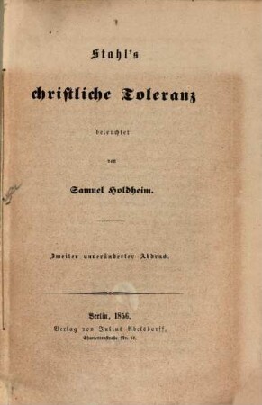 Stahl's christliche Toleranz beleuchtet von Sam. Holdheim
