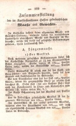 Zusammenstellung der im Kurfürstenthume Hessen gebräuchlichen Maaße und Gewichte.