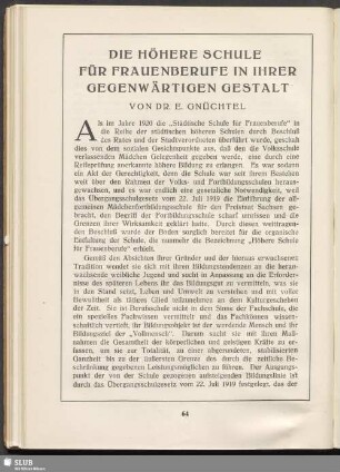 Die höhere Schule für Frauenberufe in ihrer gegenwärtigen Gestalt