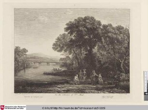 [Flusslandschaft mit sechs Figuren im Vordergrund, im Hintergrund eine Brücke und Boote]