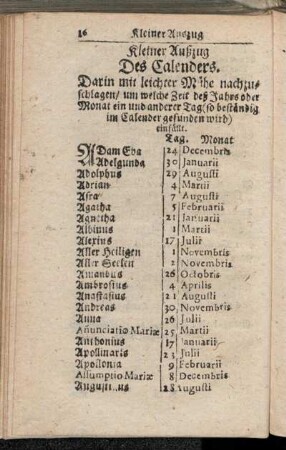 Kleiner Außzug des Calenders.