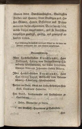 Namen derer Durchlauchtigsten, Gnädigsten Fürsten und Herren; derer Gnädigen und Hohen Gönner, Herren Beförderer und Pränumeranten dieses allgemeinen Briefwechsels, [...]