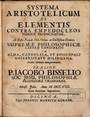 Systema Aristotelicum De Elementis Contra Empedocleos