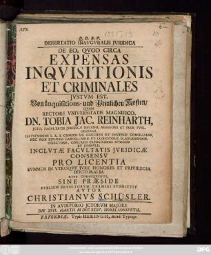 Dissertatio Inavgvralis Jvridica De Eo, Qvod Circa Expensas Inqvisitionis Et Criminales Jvstvm Est
