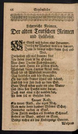 Lehrreiche Reimen. Der alten Teutschen Reimen und Liebkosen