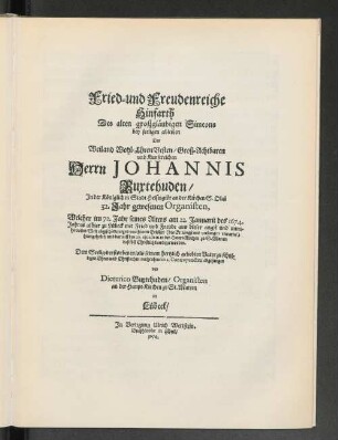 Trauermusik auf den Tod des Johannes Buxtehudes.