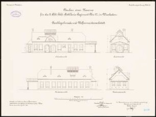 Artilleriekaserne II/27, Wiesbaden: Beschlagschmiede und Waffenmeisterwerkstatt: Aufriss Nordostansicht, Nordwestansicht, Südostansicht, Südwestansicht 1:100