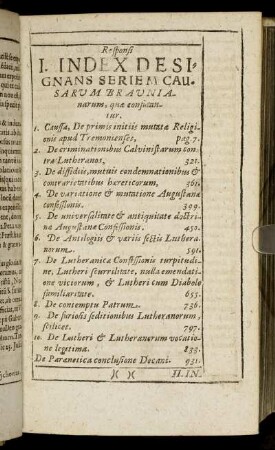 I. Index De Signans Seriem Causarum Braunianarum, quæ confutantur.