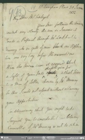 Eigenh. Brief von James Mackintosh an August Wilhelm von Schlegel, London, 30.01.1832