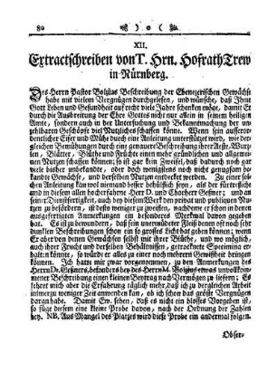 XII. Extractschreiben von T. Hrn. Hofrath Trew in Nürnberg