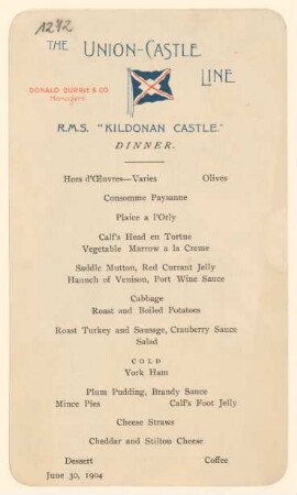 Menükarte : Dinner, R.M.S. "Kildonan Castle"