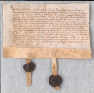 Revers des Grafen Johann von Kleve über die Verpfändung der Burg Kervenheim. Gegeven 1367 op den sondach sent Valentijns dach marterers. 2 Siegel angehangen, Umschriften beschädigt. Vgl. Schleidgen, Kleve-Mark Urkunden Regesten, Bd. 1, Nr.529, Urkunde 491.