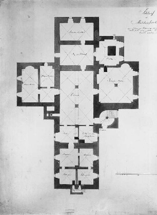 Mildenfurth, Schloß : Mildenfurth. Grundriss des Schlosses, 1755, aquarellierte Zeichnung. Dresden: Landesamt für Denkmalpflege M 63 C3