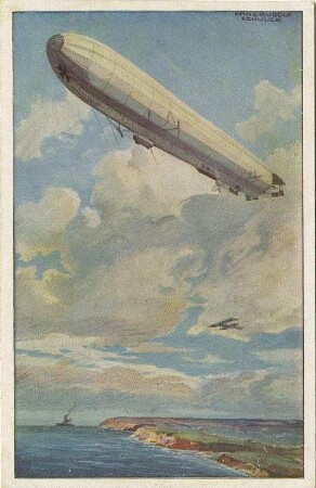 Reichsmarineluftschiff (Zeppelin), Doppeldecker-Flugzeug und im Hintergrund Kriegsschiff unter Dampf, Bewachung der Ostseeküste