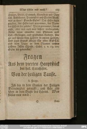Fragen Aus dem vierten Hauptstück des heil. Catechismi. Von der heiligen Tauffe.