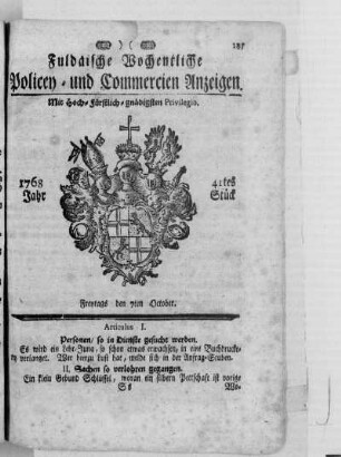 41tes Stück, Ausgabe vom 7. October 1768
