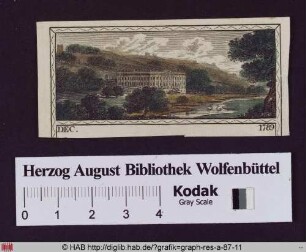 Ansicht eines englischen Landschlosses am Fluss