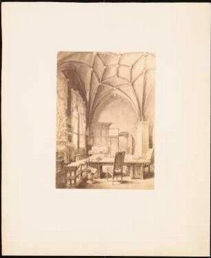 Studierstube (im gotischen Stil): Perspektivische Innenansicht einer Studierstube mit Interieur im gotischen Stil