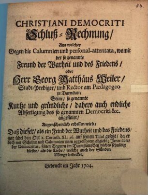 Christiani Democriti Schluß-Rechnung