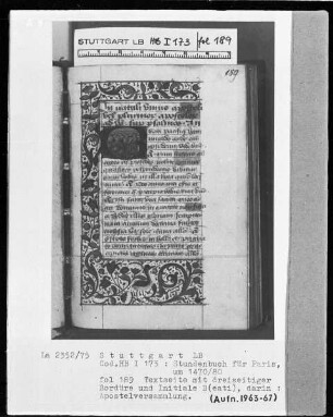 Lateinisches Stundenbuch — Initiale B(eati) und Dreiviertelbordüre, Folio 189recto