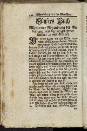Fünftes Buch Allgemeiner Abhandlung der Geburthen, was bey neugebohrnen Kindern zu verrichten sey.