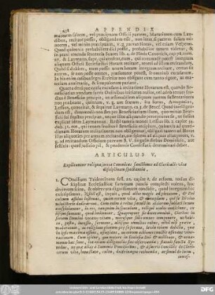Articulus V. Explicantur reliqua iuxta Canonicas sanctiones ad Clericalis vitae disciplinam spectantia.