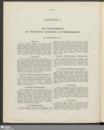 Anhang I. Die Lehrerkollegien der Sächsischen Gymnasien und Realgymnasien