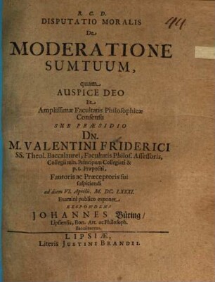 Disp. mor. de moderatione sumtuum