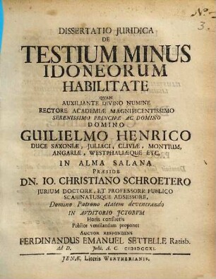 Dissertatio Iuridica De Testium Minus Idoneorum Habilitate