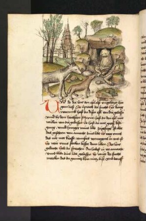 Fuchs und Esel vor dem kranken Löwen; (Kapitel VI: Von dem Affen und der Schildkröte)