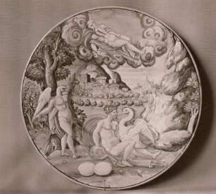 Flacher Teller mit mythologischer Szene, Leda mit dem Schwan, auf der Innenseite und Inschrift auf der Rückseite