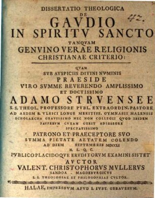 Dissertatio Theologica De Gavdio In Spiritv Sancto Tanqvam Genvino Verae Religionis Christianae Criterio