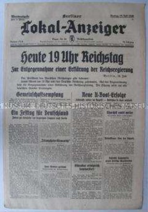 Tageszeitung "Berliner Lokal-Anzeiger" u.a. zur Einberufung des Reichstages