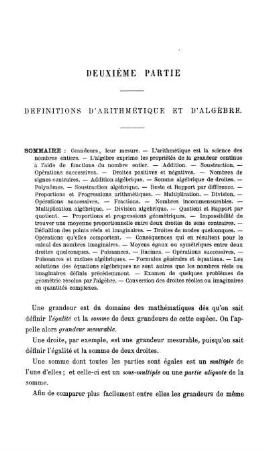 Deuxième Partie. Définitions d'Arithmétique et d'Algèbre.