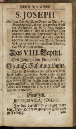S. Joseph [...]. Das VIII. Capitel. Des Josephischen Liebhabers Offentliche Zusammenkünffte.