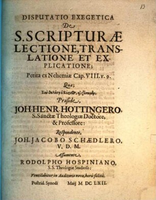 Disp. exeg. de S. Scripturae lectione, translatione et explicatione, petita ex Nehem. C.VIII, 9