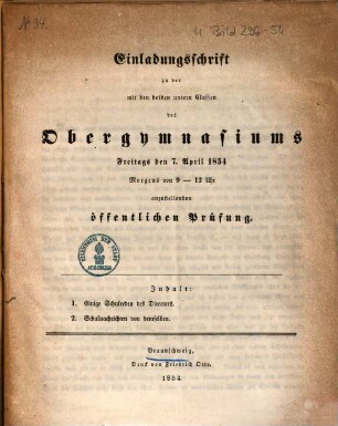 Einladungsschrift zu der mit den beiden untern Classen des Obergymnasiums Freitags den 7. April 1854 ... anzustellenden öffentlichen Prüfung