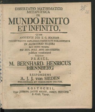 Dissertatio Mathematico Metaphysica De Mundo Finito Et Infinito
