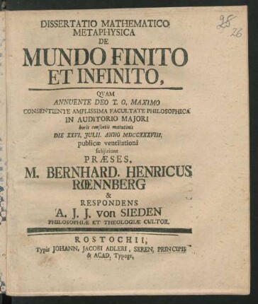 Dissertatio Mathematico Metaphysica De Mundo Finito Et Infinito