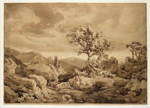 Gewitterlandschaft mit Ruine, gekipptem Wagen, liegendem Pferd und fliehendem Pferd