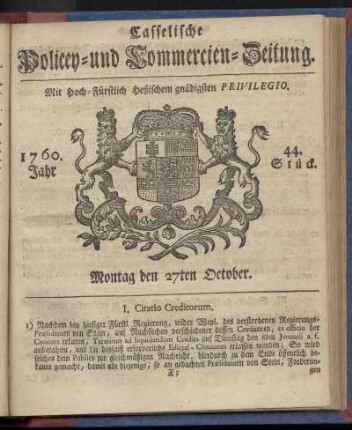 44. Stueck, Montag den 27ten October 1760