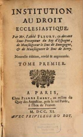 Institution Au Droit Ecclesiastique, 1