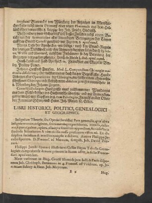 Libri Historici, Politici, Genealogici Et Geographici.