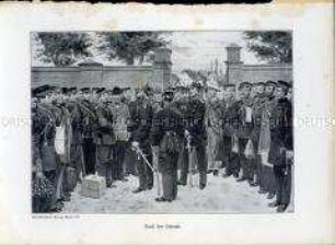 Uniformdarstellung, Verabschiedung der Rekruten nach dem Wehrdienst, Preußen, 1910/1912. Tafel aus: Knötel: Preußen, Unser Heer.