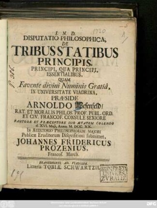Disputatio Philosophica, De Tribus Statibus Principis, Principi, Qua Principi, Essentialibus