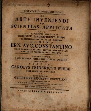 Disp. philos. de arte inveniendi ad scientias applicata